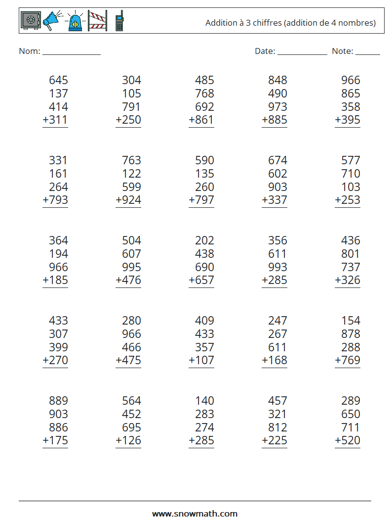 (25) Addition à 3 chiffres (addition de 4 nombres) Fiches d'Exercices de Mathématiques 16