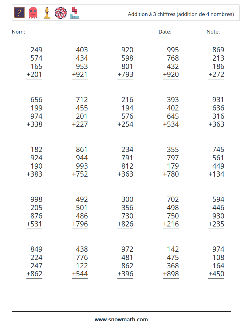 (25) Addition à 3 chiffres (addition de 4 nombres) Fiches d'Exercices de Mathématiques 17