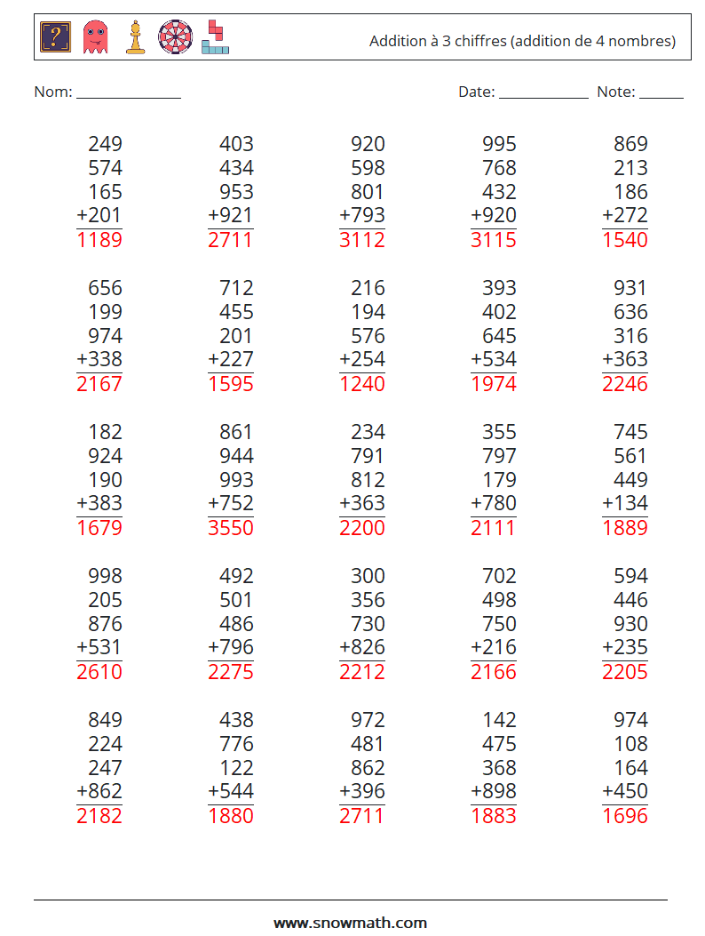 (25) Addition à 3 chiffres (addition de 4 nombres) Fiches d'Exercices de Mathématiques 17 Question, Réponse