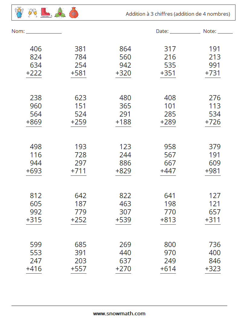 (25) Addition à 3 chiffres (addition de 4 nombres) Fiches d'Exercices de Mathématiques 18