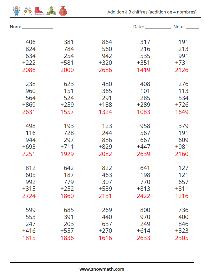 (25) Addition à 3 chiffres (addition de 4 nombres) Fiches d'Exercices de Mathématiques 18 Question, Réponse