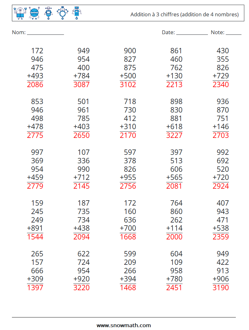 (25) Addition à 3 chiffres (addition de 4 nombres) Fiches d'Exercices de Mathématiques 1 Question, Réponse