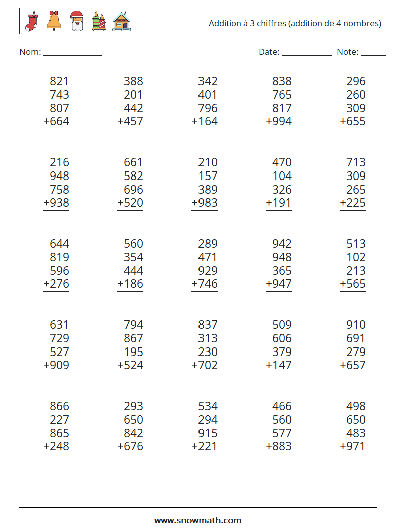 (25) Addition à 3 chiffres (addition de 4 nombres) Fiches d'Exercices de Mathématiques 2