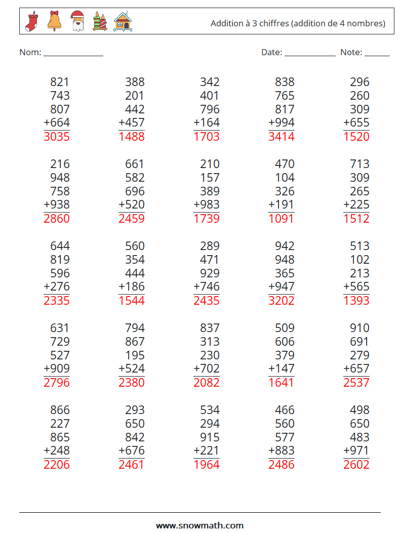 (25) Addition à 3 chiffres (addition de 4 nombres) Fiches d'Exercices de Mathématiques 2 Question, Réponse