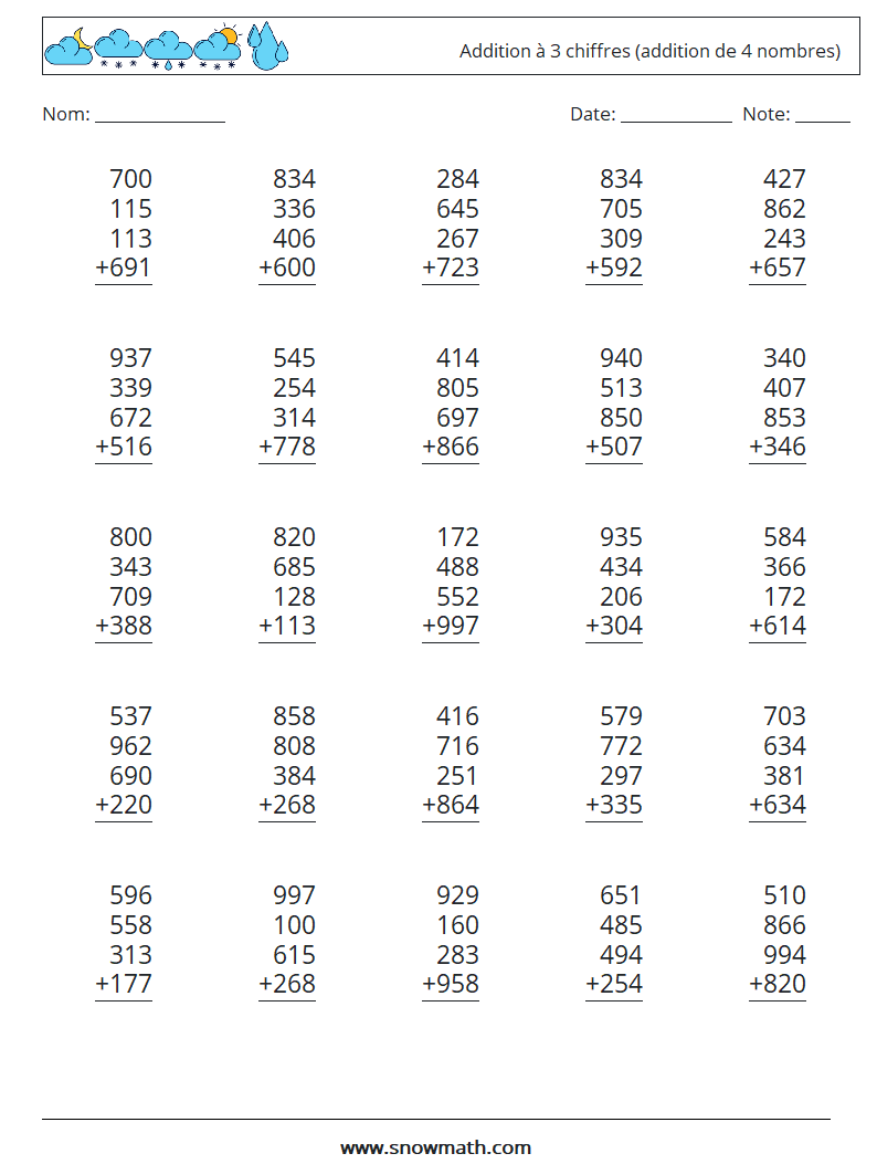 (25) Addition à 3 chiffres (addition de 4 nombres) Fiches d'Exercices de Mathématiques 3