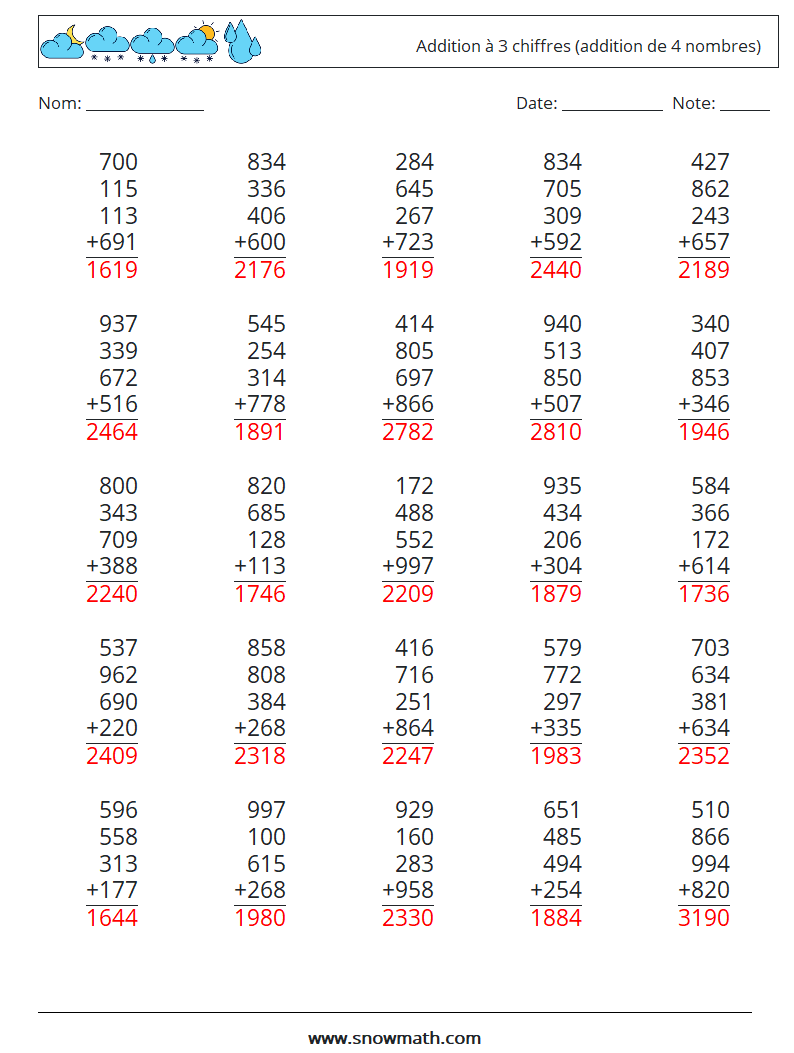 (25) Addition à 3 chiffres (addition de 4 nombres) Fiches d'Exercices de Mathématiques 3 Question, Réponse