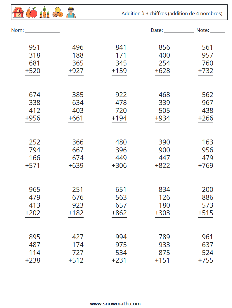 (25) Addition à 3 chiffres (addition de 4 nombres) Fiches d'Exercices de Mathématiques 4