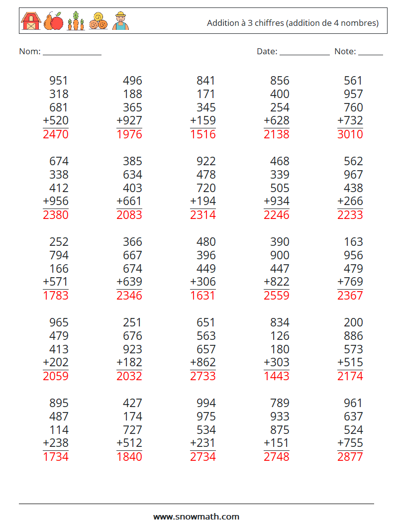 (25) Addition à 3 chiffres (addition de 4 nombres) Fiches d'Exercices de Mathématiques 4 Question, Réponse