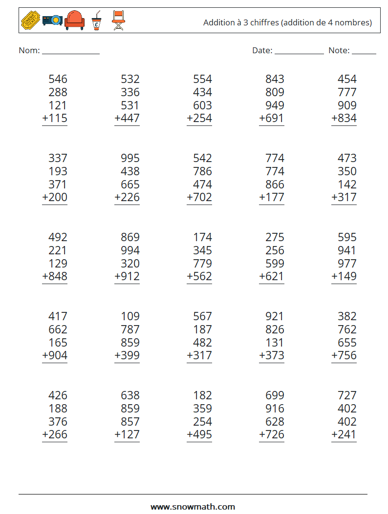 (25) Addition à 3 chiffres (addition de 4 nombres) Fiches d'Exercices de Mathématiques 5