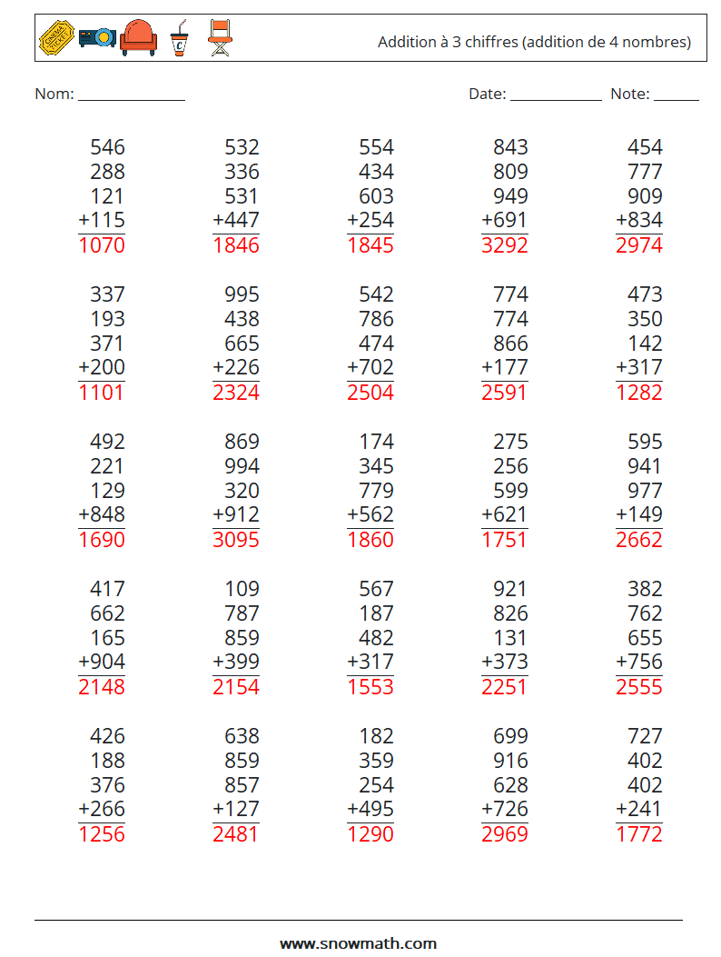 (25) Addition à 3 chiffres (addition de 4 nombres) Fiches d'Exercices de Mathématiques 5 Question, Réponse