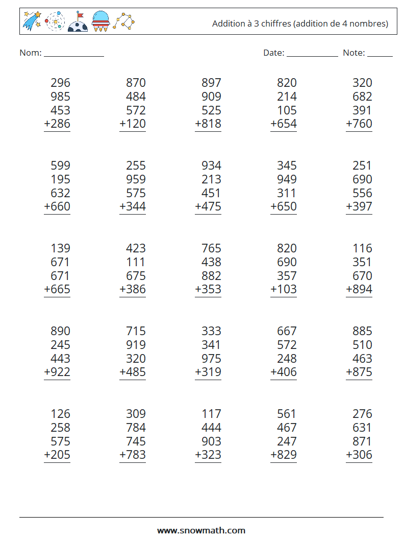 (25) Addition à 3 chiffres (addition de 4 nombres) Fiches d'Exercices de Mathématiques 6