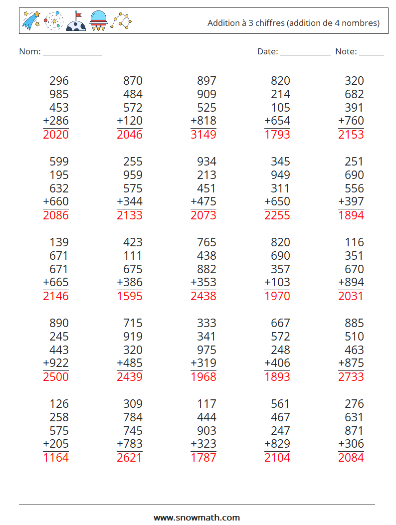 (25) Addition à 3 chiffres (addition de 4 nombres) Fiches d'Exercices de Mathématiques 6 Question, Réponse