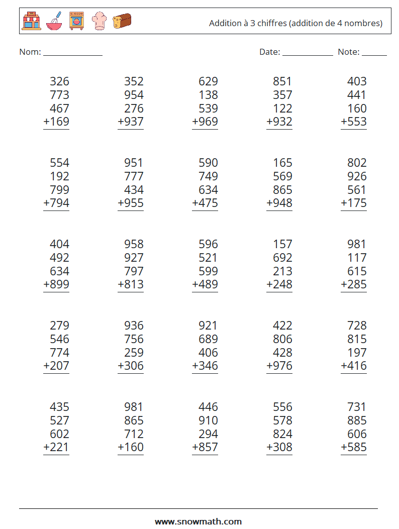 (25) Addition à 3 chiffres (addition de 4 nombres) Fiches d'Exercices de Mathématiques 7