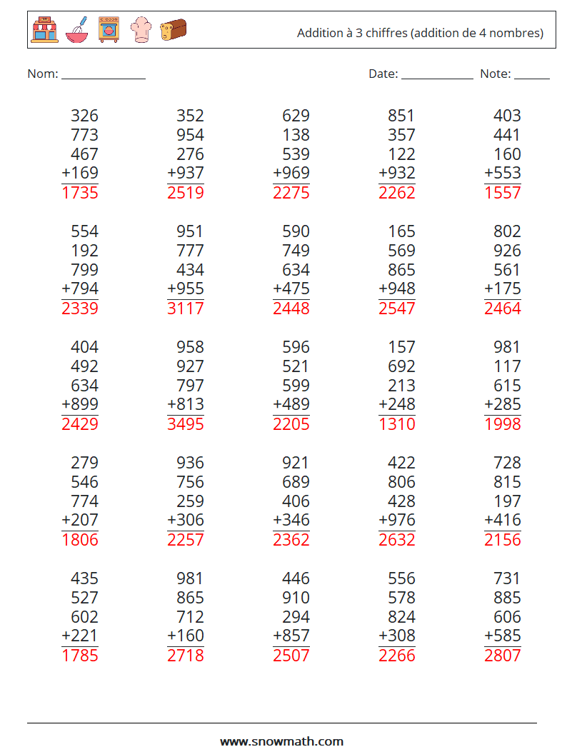 (25) Addition à 3 chiffres (addition de 4 nombres) Fiches d'Exercices de Mathématiques 7 Question, Réponse