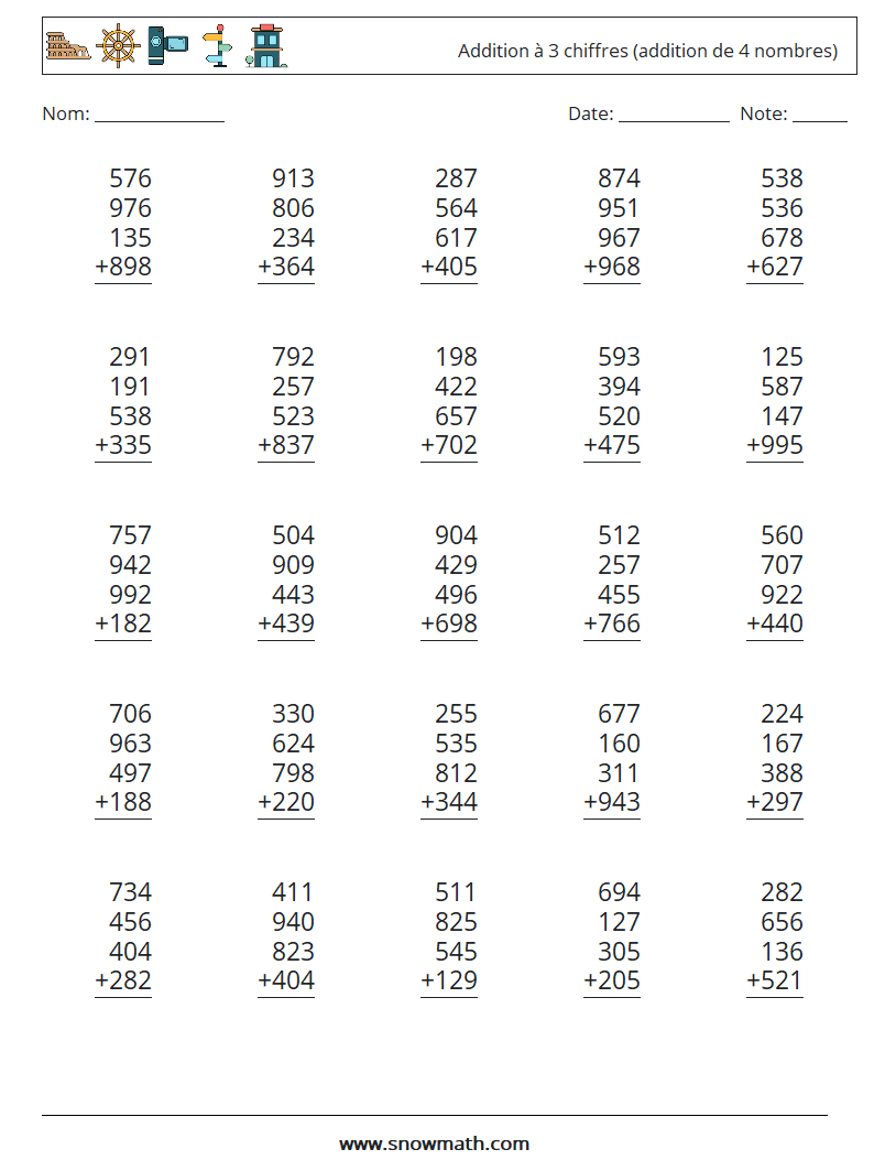 (25) Addition à 3 chiffres (addition de 4 nombres) Fiches d'Exercices de Mathématiques 8