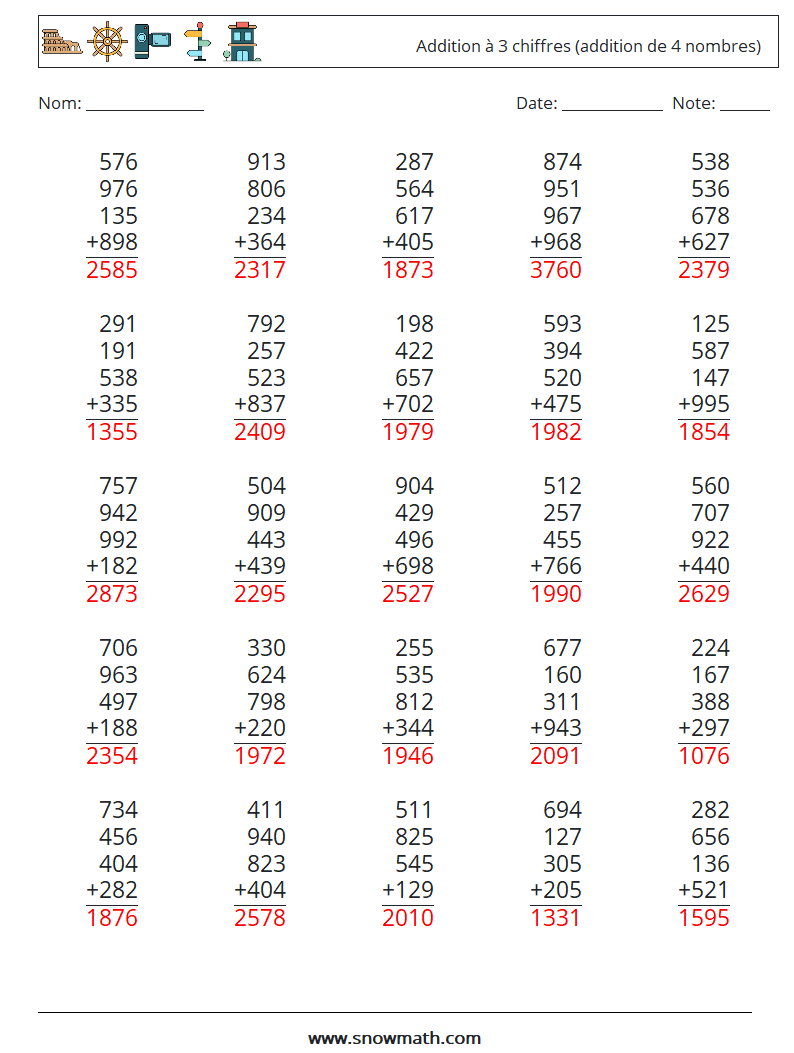 (25) Addition à 3 chiffres (addition de 4 nombres) Fiches d'Exercices de Mathématiques 8 Question, Réponse