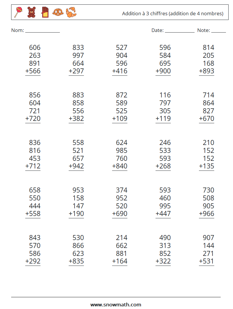 (25) Addition à 3 chiffres (addition de 4 nombres) Fiches d'Exercices de Mathématiques 9