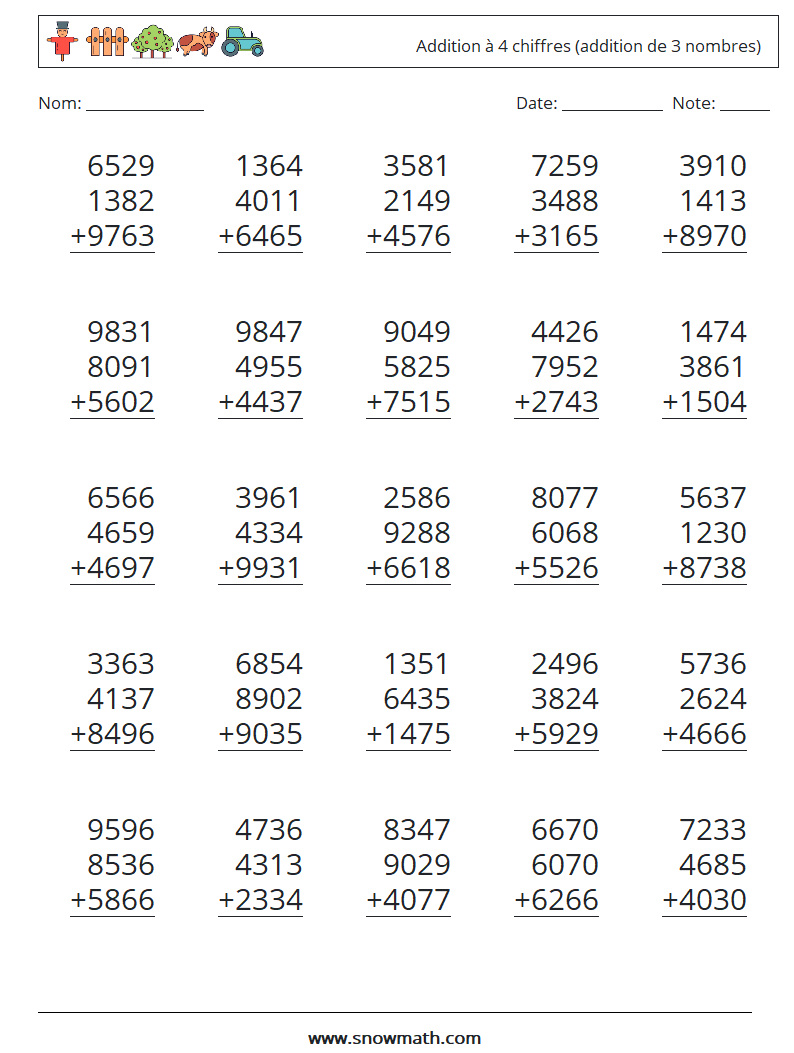(25) Addition à 4 chiffres (addition de 3 nombres) Fiches d'Exercices de Mathématiques 11