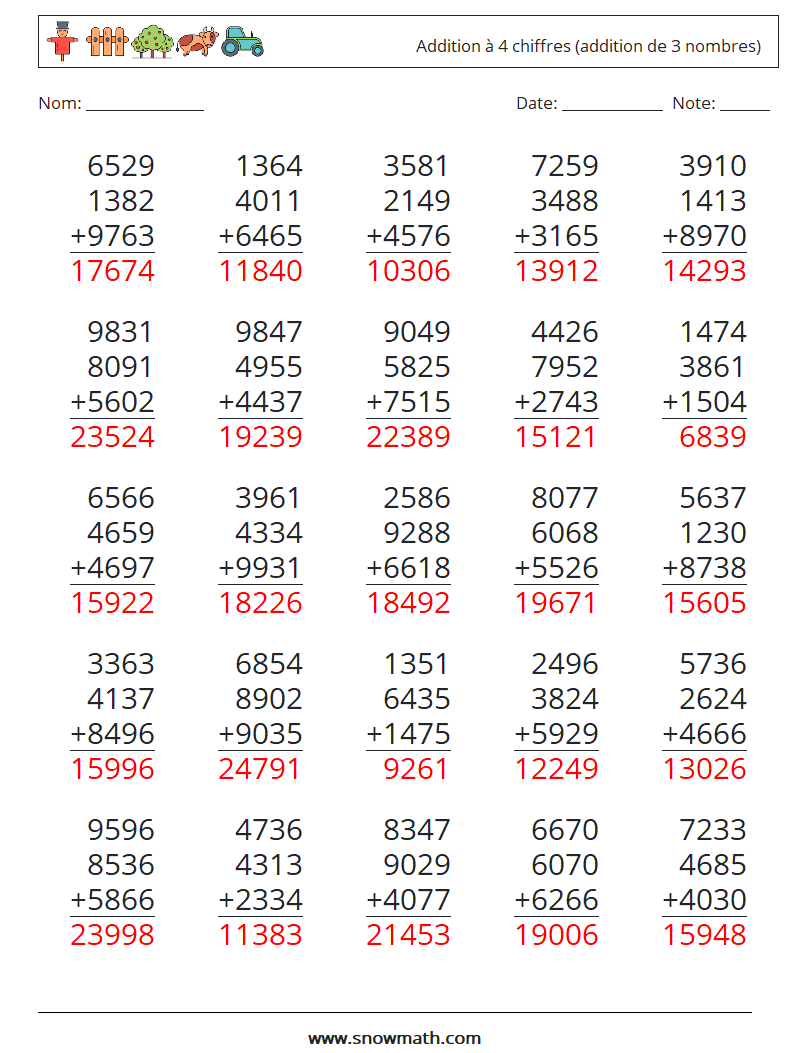 (25) Addition à 4 chiffres (addition de 3 nombres) Fiches d'Exercices de Mathématiques 11 Question, Réponse