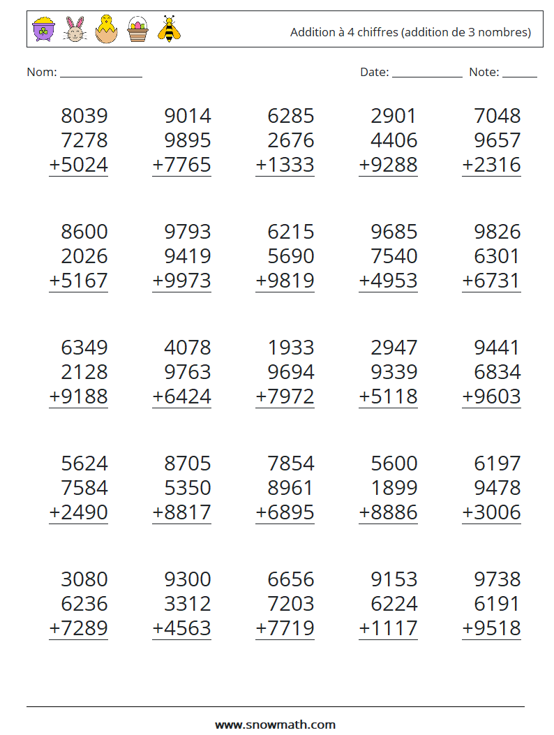 (25) Addition à 4 chiffres (addition de 3 nombres) Fiches d'Exercices de Mathématiques 13