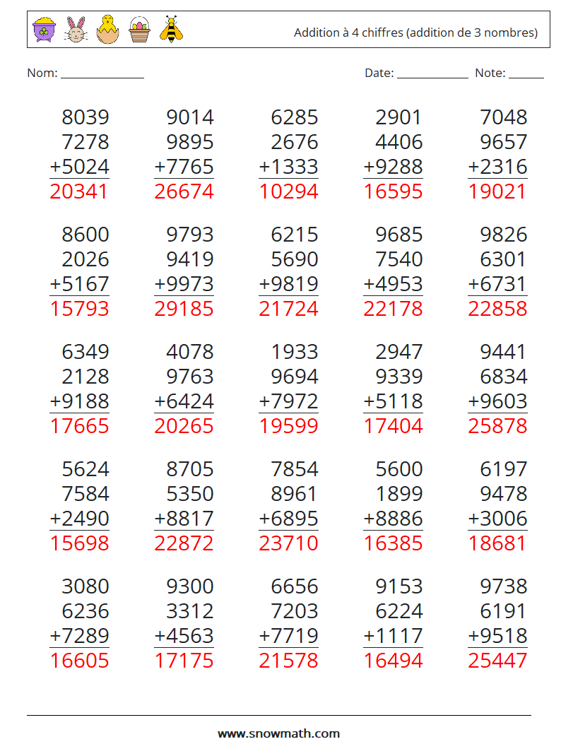 (25) Addition à 4 chiffres (addition de 3 nombres) Fiches d'Exercices de Mathématiques 13 Question, Réponse