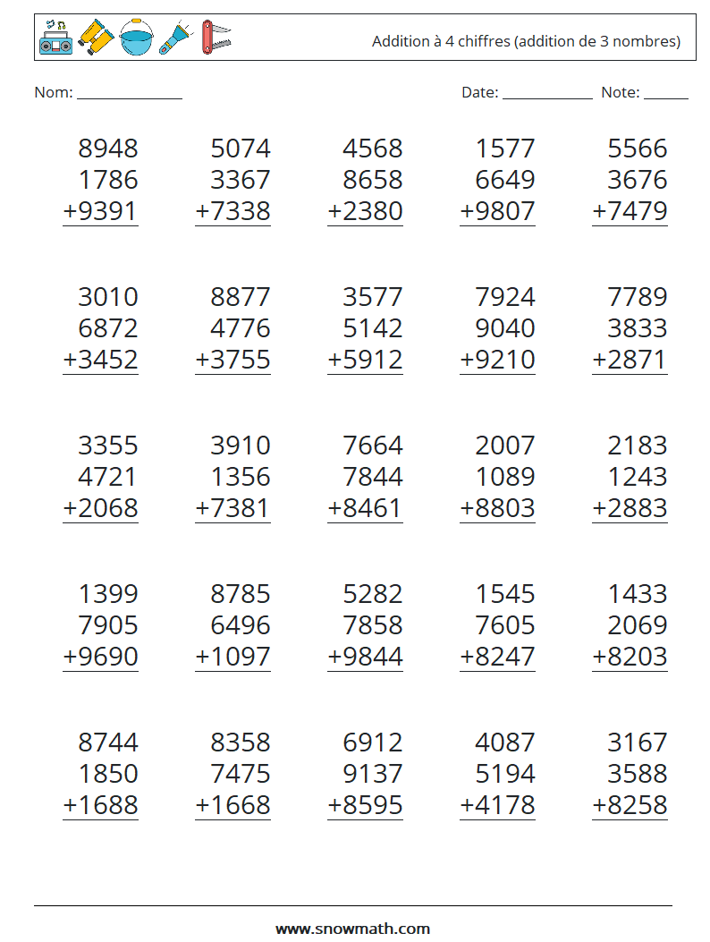 (25) Addition à 4 chiffres (addition de 3 nombres) Fiches d'Exercices de Mathématiques 14