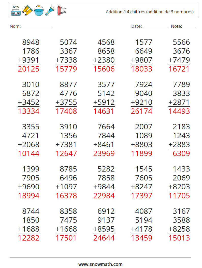 (25) Addition à 4 chiffres (addition de 3 nombres) Fiches d'Exercices de Mathématiques 14 Question, Réponse