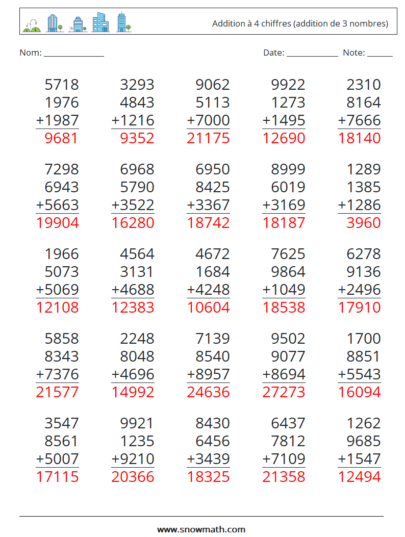 (25) Addition à 4 chiffres (addition de 3 nombres) Fiches d'Exercices de Mathématiques 16 Question, Réponse