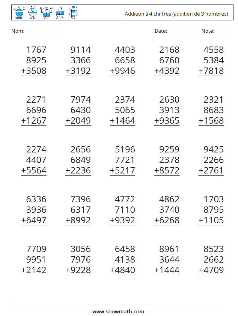 (25) Addition à 4 chiffres (addition de 3 nombres) Fiches d'Exercices de Mathématiques 17