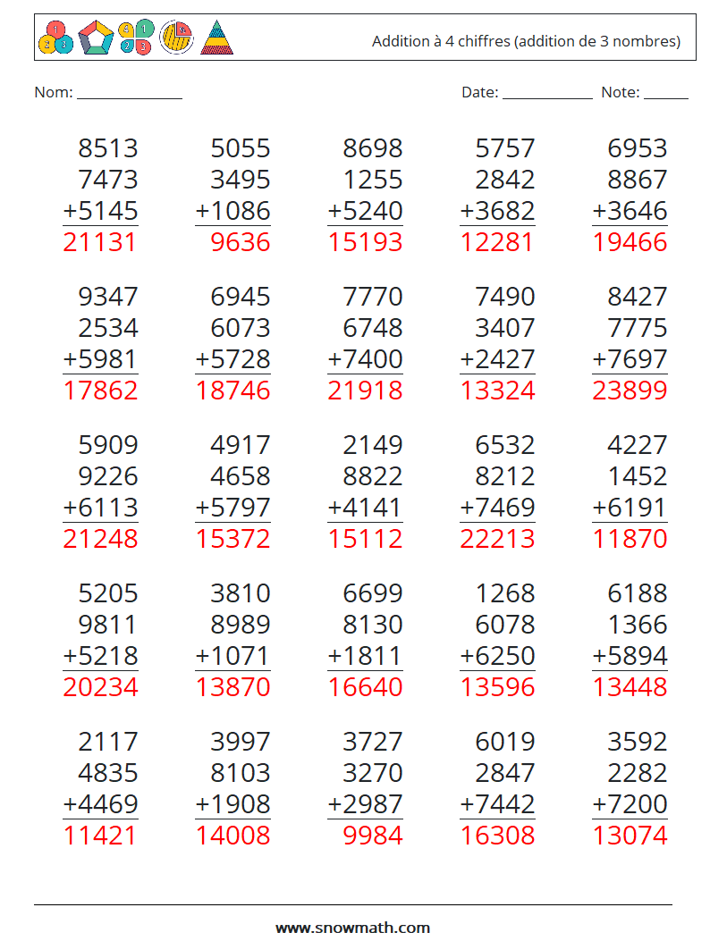 (25) Addition à 4 chiffres (addition de 3 nombres) Fiches d'Exercices de Mathématiques 1 Question, Réponse