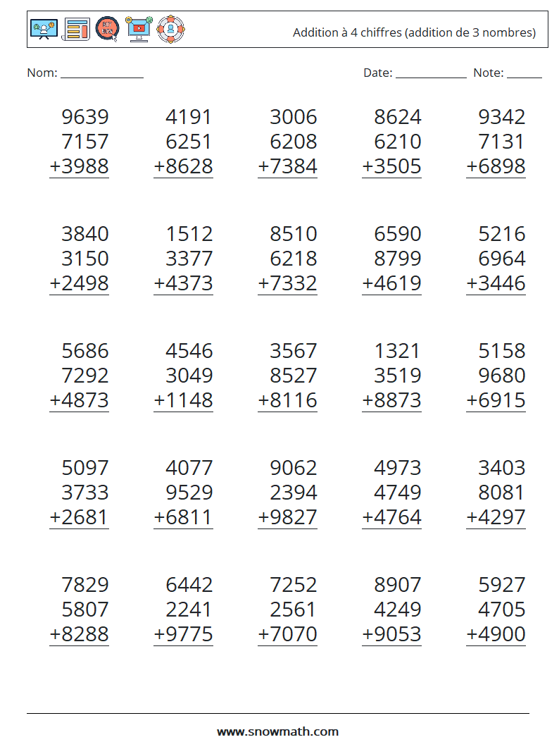 (25) Addition à 4 chiffres (addition de 3 nombres) Fiches d'Exercices de Mathématiques 2
