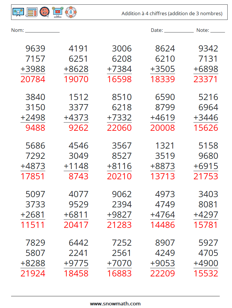 (25) Addition à 4 chiffres (addition de 3 nombres) Fiches d'Exercices de Mathématiques 2 Question, Réponse