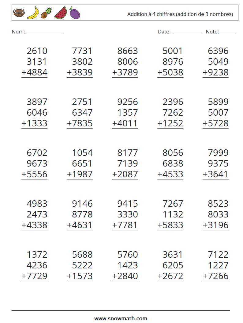(25) Addition à 4 chiffres (addition de 3 nombres) Fiches d'Exercices de Mathématiques 3