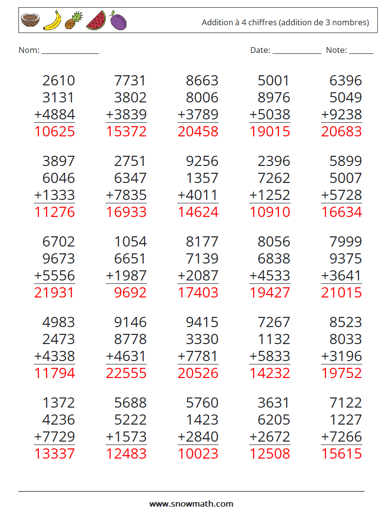 (25) Addition à 4 chiffres (addition de 3 nombres) Fiches d'Exercices de Mathématiques 3 Question, Réponse