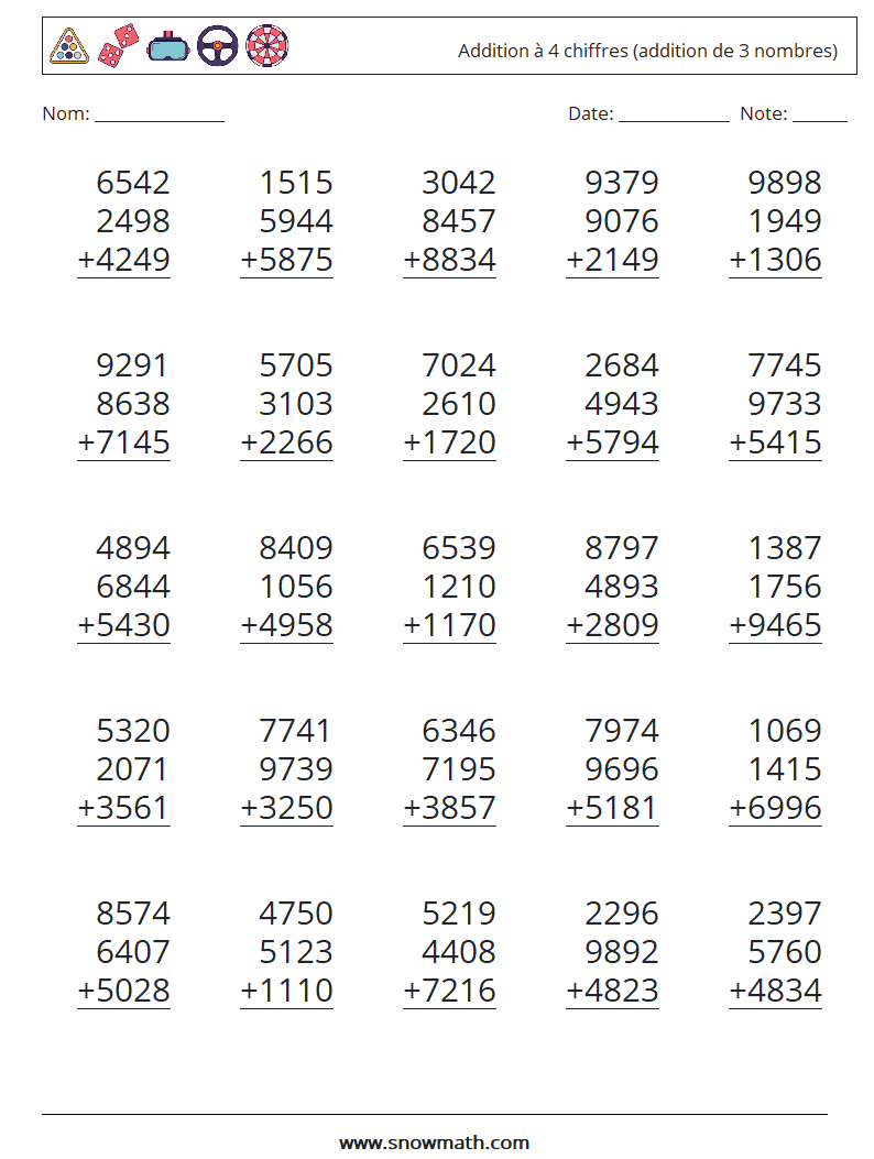 (25) Addition à 4 chiffres (addition de 3 nombres) Fiches d'Exercices de Mathématiques 4