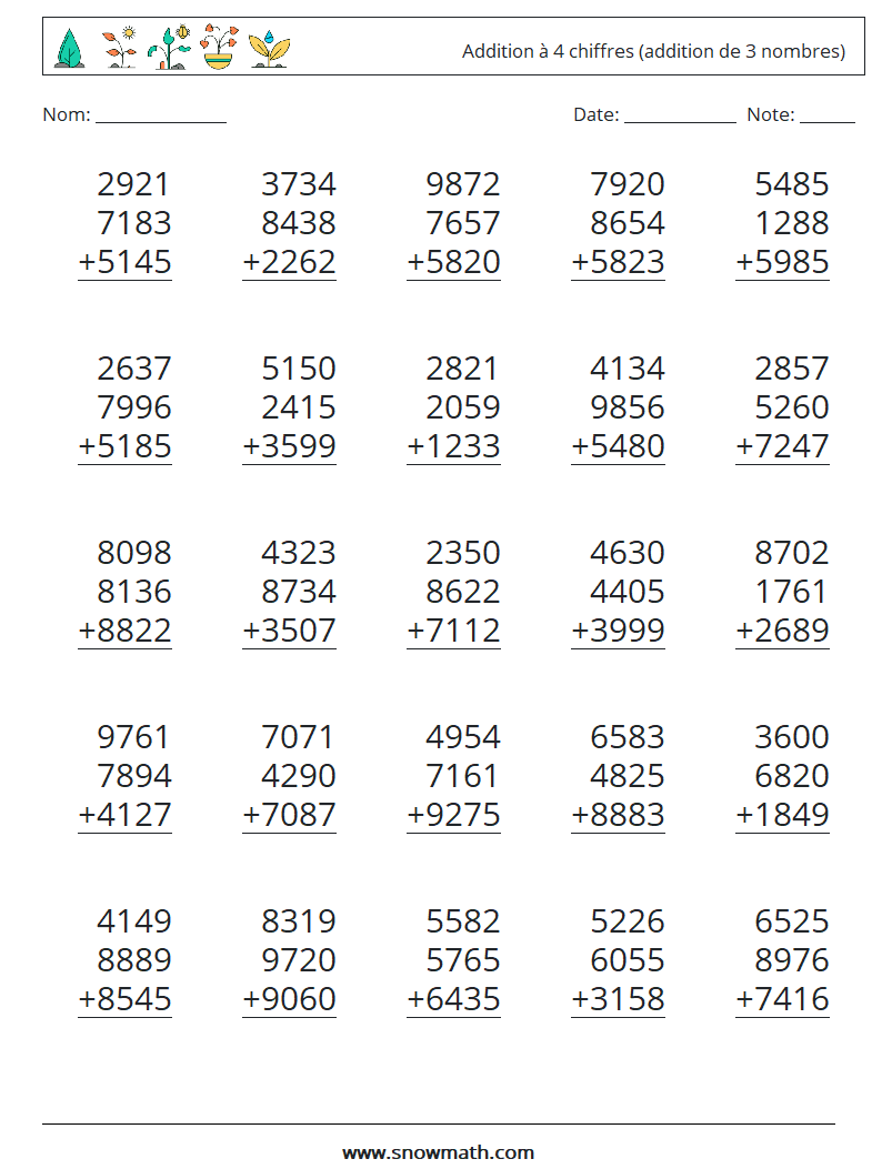(25) Addition à 4 chiffres (addition de 3 nombres) Fiches d'Exercices de Mathématiques 5