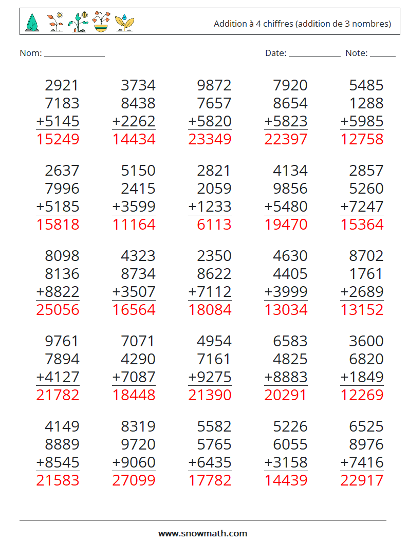 (25) Addition à 4 chiffres (addition de 3 nombres) Fiches d'Exercices de Mathématiques 5 Question, Réponse