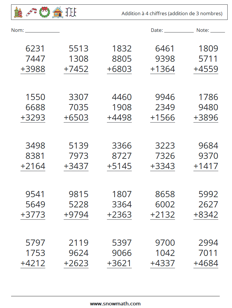(25) Addition à 4 chiffres (addition de 3 nombres) Fiches d'Exercices de Mathématiques 6