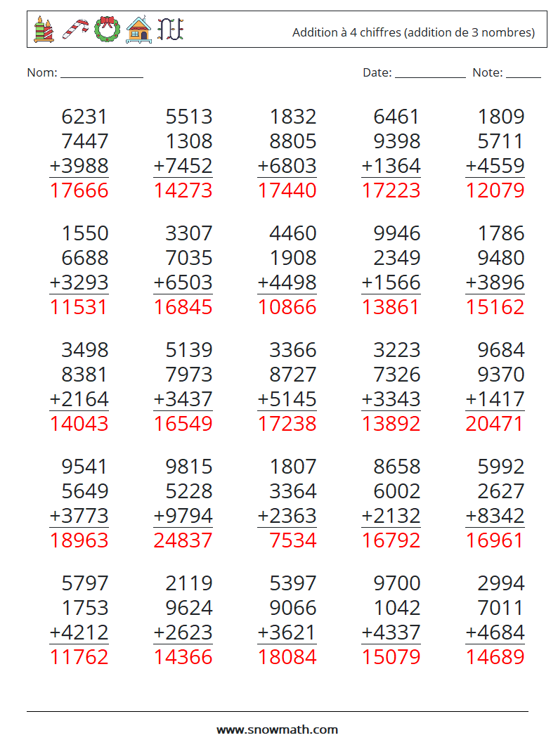 (25) Addition à 4 chiffres (addition de 3 nombres) Fiches d'Exercices de Mathématiques 6 Question, Réponse