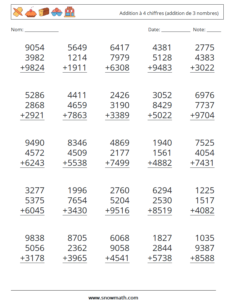 (25) Addition à 4 chiffres (addition de 3 nombres) Fiches d'Exercices de Mathématiques 7