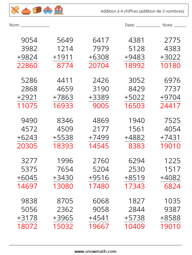 (25) Addition à 4 chiffres (addition de 3 nombres) Fiches d'Exercices de Mathématiques 7 Question, Réponse