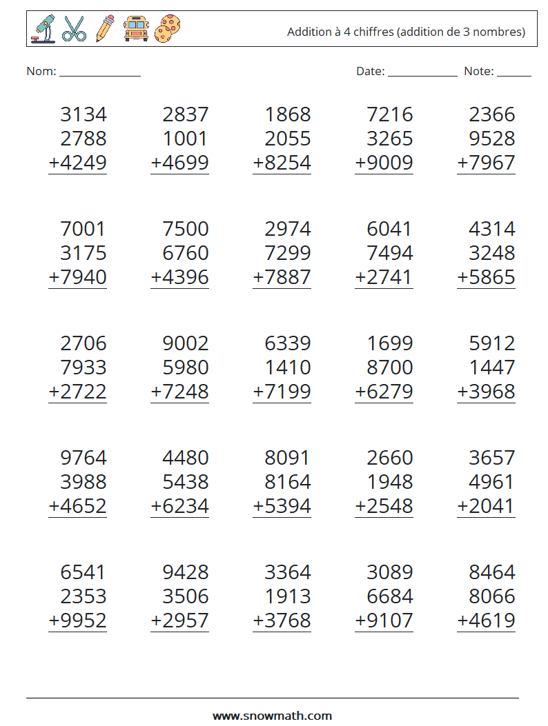 (25) Addition à 4 chiffres (addition de 3 nombres) Fiches d'Exercices de Mathématiques 8