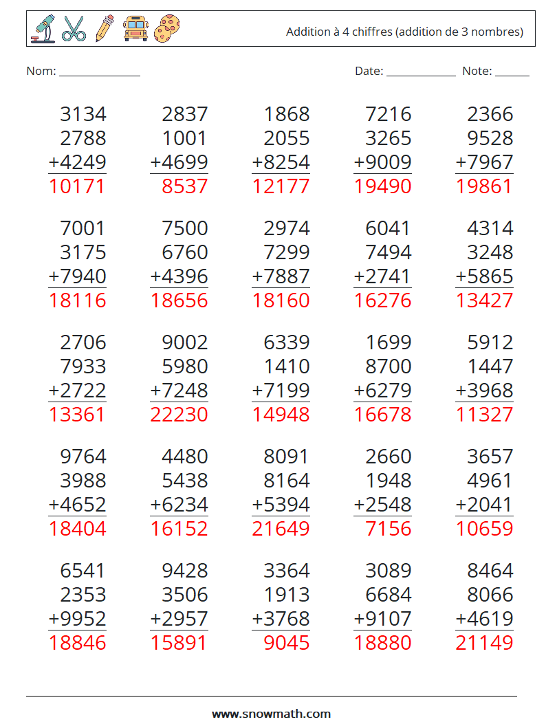 (25) Addition à 4 chiffres (addition de 3 nombres) Fiches d'Exercices de Mathématiques 8 Question, Réponse