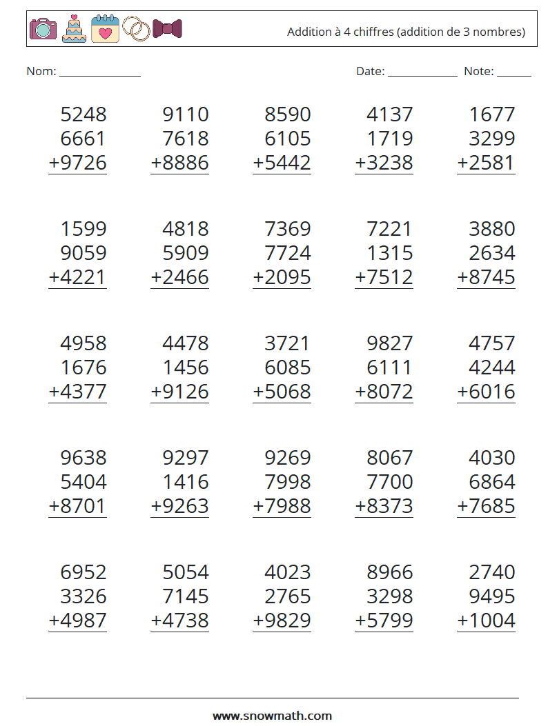(25) Addition à 4 chiffres (addition de 3 nombres) Fiches d'Exercices de Mathématiques 9