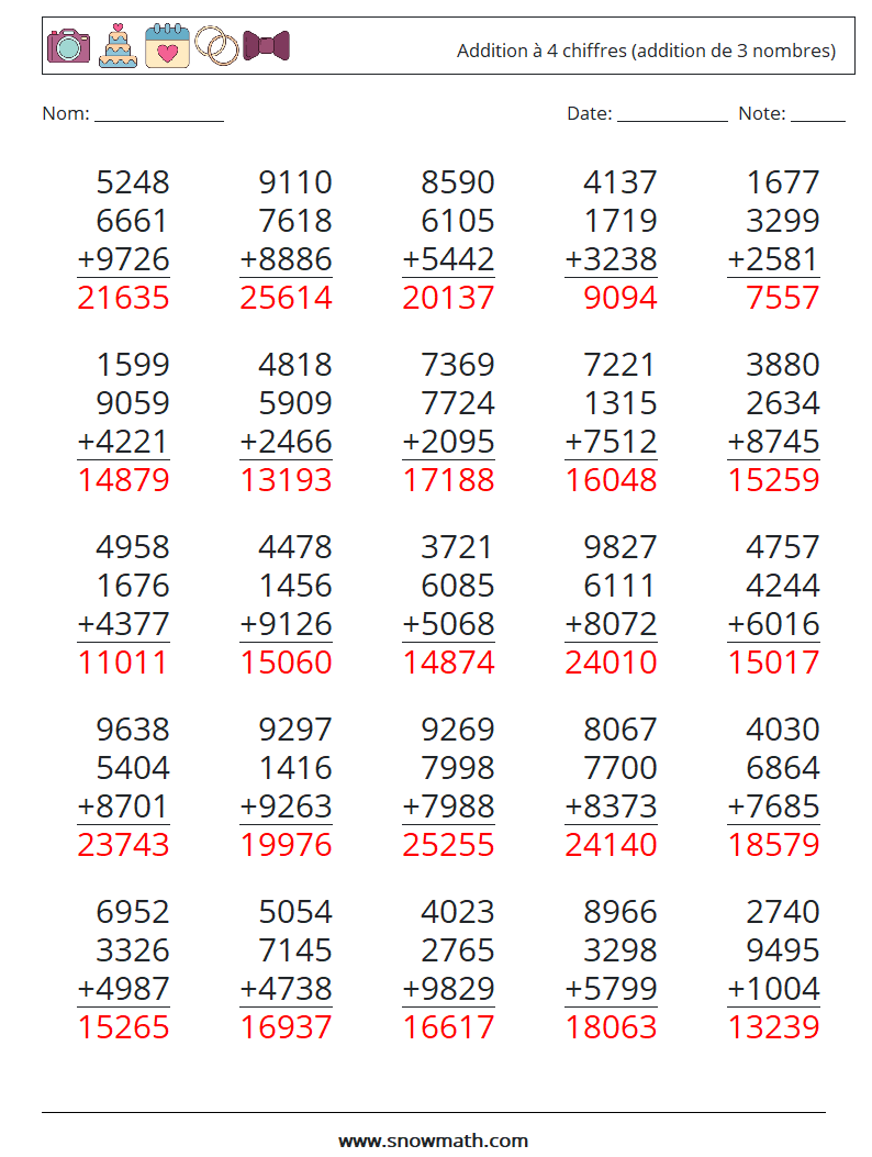 (25) Addition à 4 chiffres (addition de 3 nombres) Fiches d'Exercices de Mathématiques 9 Question, Réponse