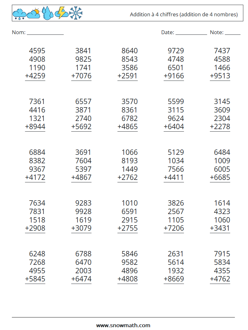 (25) Addition à 4 chiffres (addition de 4 nombres) Fiches d'Exercices de Mathématiques 1