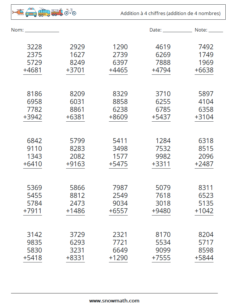 (25) Addition à 4 chiffres (addition de 4 nombres) Fiches d'Exercices de Mathématiques 10