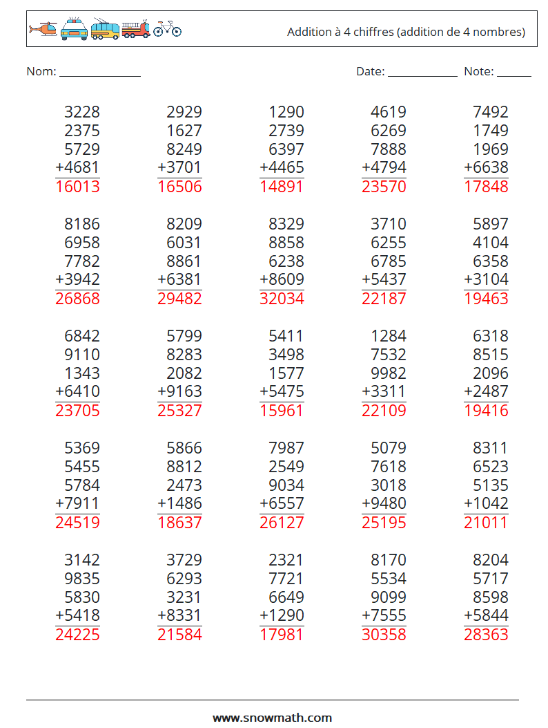 (25) Addition à 4 chiffres (addition de 4 nombres) Fiches d'Exercices de Mathématiques 10 Question, Réponse