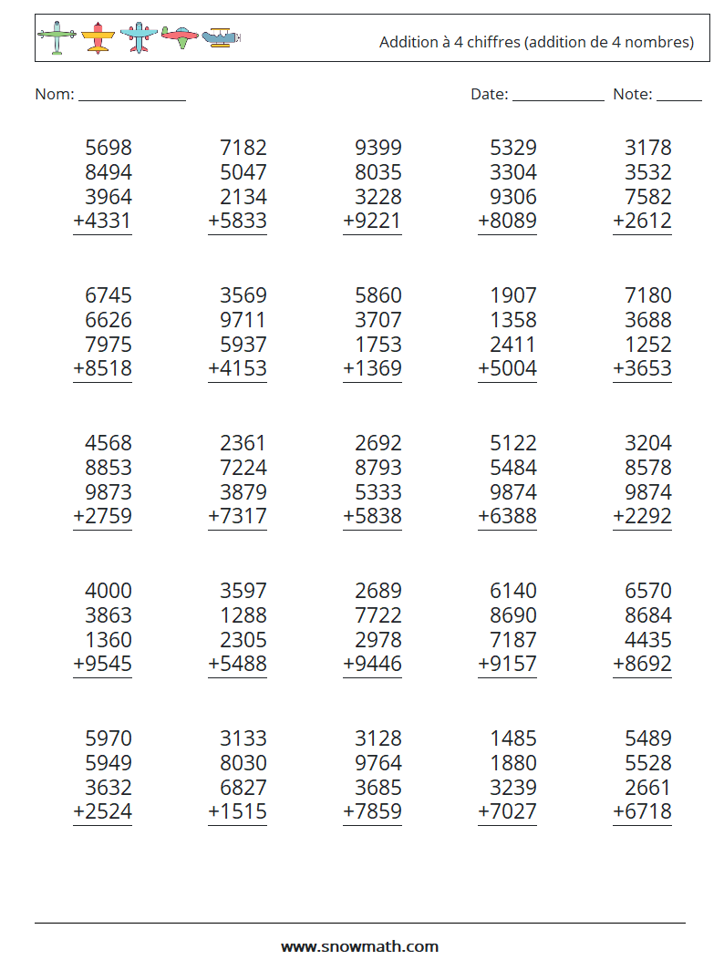 (25) Addition à 4 chiffres (addition de 4 nombres) Fiches d'Exercices de Mathématiques 11