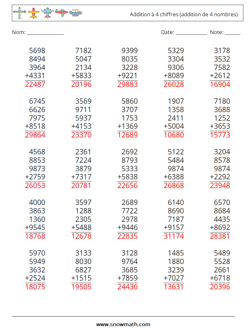 (25) Addition à 4 chiffres (addition de 4 nombres) Fiches d'Exercices de Mathématiques 11 Question, Réponse
